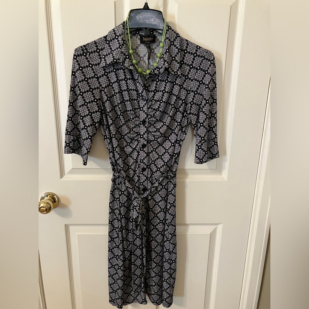 Laundry By Shelli Segal Black & White Geo Print Shirt Dress W/ Tie Waist Sz 6